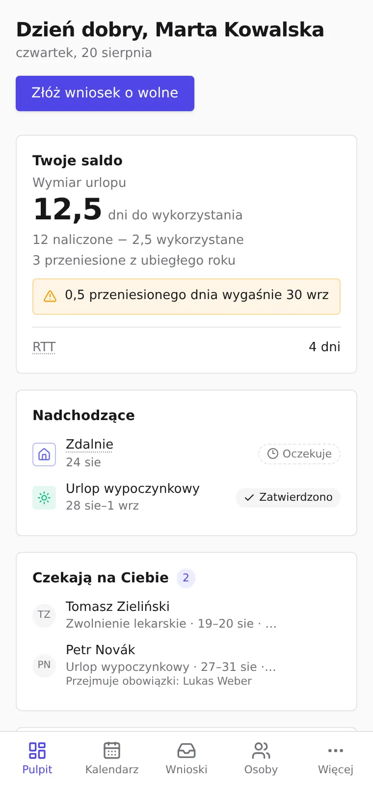 Aplikacja Pauzora na telefonie: pulpit z dolnym paskiem nawigacji